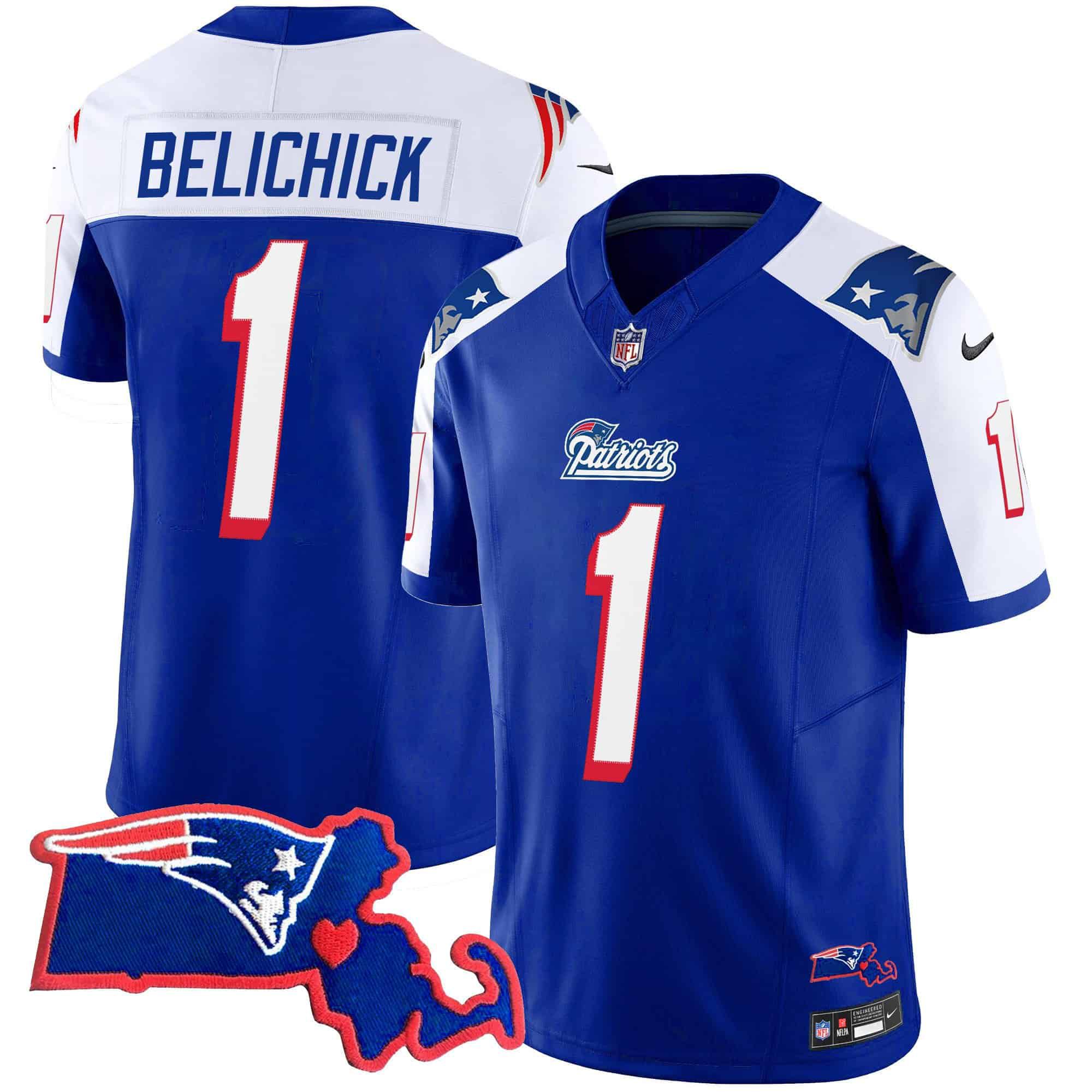Men New England Patriots #1 Belichick Blue 2024 Nike Patch Vapor Limited NFL Jersey